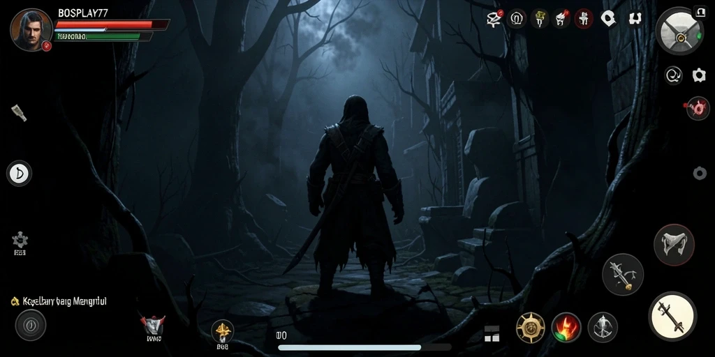 Screenshot gameplay <strong>BOSPLAY77</strong> menampilkan suasana horror yang mencekam dan menegangkan.