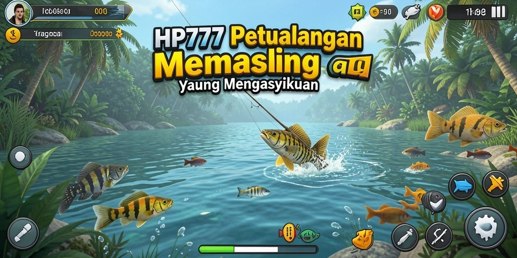 Tangkapan layar dari gameplay HP777 yang menampilkan aksi memancing yang seru.