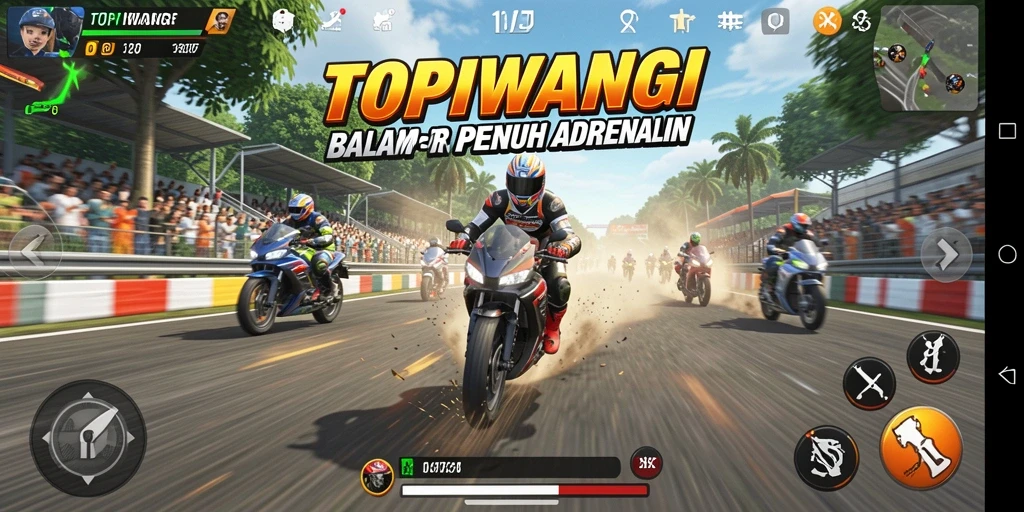 Tangkapan layar gameplay TOPIWANGI menampilkan aksi balap motor yang mendebarkan.